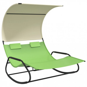 Șezlong balansoar plajă dublu/baldachin,verde/crem, textilenă - V317590V