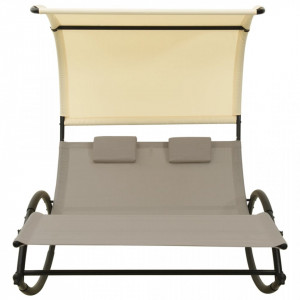 Șezlong de plajă dublu cu baldachin, gri taupe&crem, textilenă - V310549V