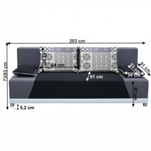 Canapea extensibilă, material textil negru/gri/perne gri cu model, 203x73/83x91 cm - TP96963 - Img 13