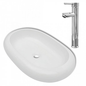 Chiuvetă de baie cu robinet mixer, ceramic, oval, alb - V275496V - Img 1