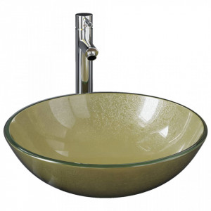 Chiuvetă rotunda cu robinet și scurgere tip push auriu sticlă - V3098459V