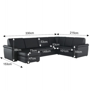 Colţar în formă de U, piele ecologică neagră, model stânga, 330x88x215/153 cm - TP108350 - Img 11