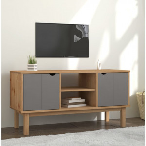 Comodă TV, maro și gri, 113,5x43x57 cm, lemn masiv de pin - V348595V - Img 2