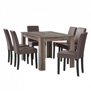 Masa eleganta Alma, MDF efect stejar - maro inchis, 140 x 90 cm - cu 6 scaune imitatie de piele, maro inchis/maro/ - P51957853