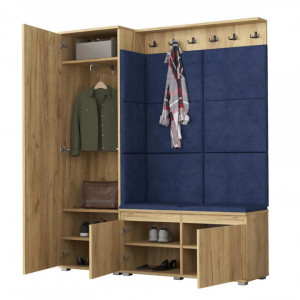 MBCUIAR2 - Set Cuier hol, 154x37x177 cm - 6 agatatori haine, hol, pantofar - culoarea Stejar cu tapiterie Albastra / Gri / Verde - Img 7