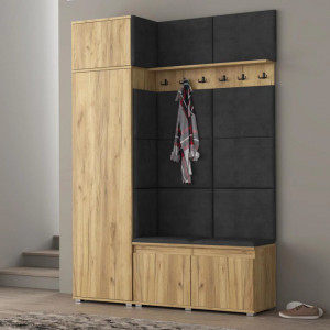 MBCUIAR3 - Set Cuier hol, 154x37x214 cm - 6 agatatori haine, hol, pantofar - culoarea Stejar cu tapiterie Gri / Verde / Albastra - Img 6