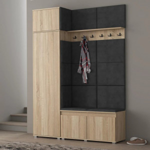 MBCUIS3 - Set Cuier hol, 154x37x214 cm - 6 agatatori haine, hol, pantofar - Sonoma cu tapiterie Gri / Verde / Albastra - Img 1