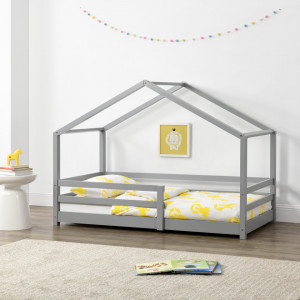 Pat copii casuta, 80x160 cm, gri deschis - P68722864