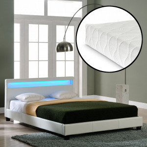 Pat tapitat cu saltea si LED 140x200 cm, alb - P48986437