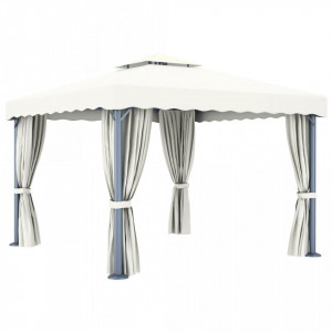 Pavilion cu perdele & șiruri lumini LED, alb crem, 3x3 m - V3070345V - Img 4