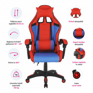 Scaun de birou, gaming, albastru și roşu, 64x60x122-132 cm - TP279408 - Img 20