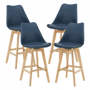 Scaune bar, set 4 buc, plastic/imitatie piele/lemn, albastru - P74694640 - Img 2