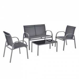 Set mobilier gradina, masa cu blat sticla, banca, doua scaune, gri inchis/negru - P74254182 - Img 2