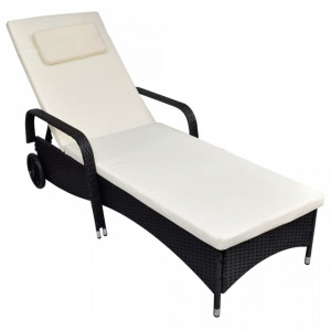 Sezlong de plaja cu perna si roti, negru, poliratan - V42475V