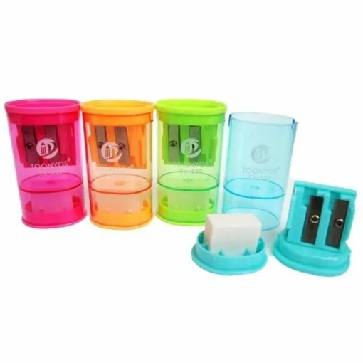 Ascutitoare dubla cu radiera si container, 2 in 1