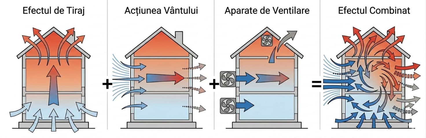 Efectul combinat al vântului, tirajului și ventilării asupra circulației aerului prin anvelopă