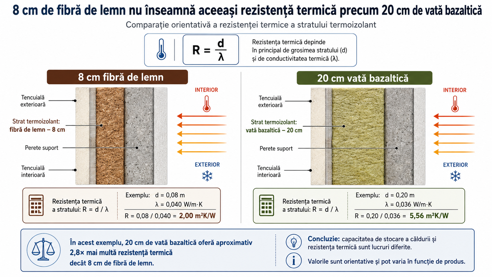 Comparație grosime: 8 cm fibră de lemn vs 20 cm vată bazaltică