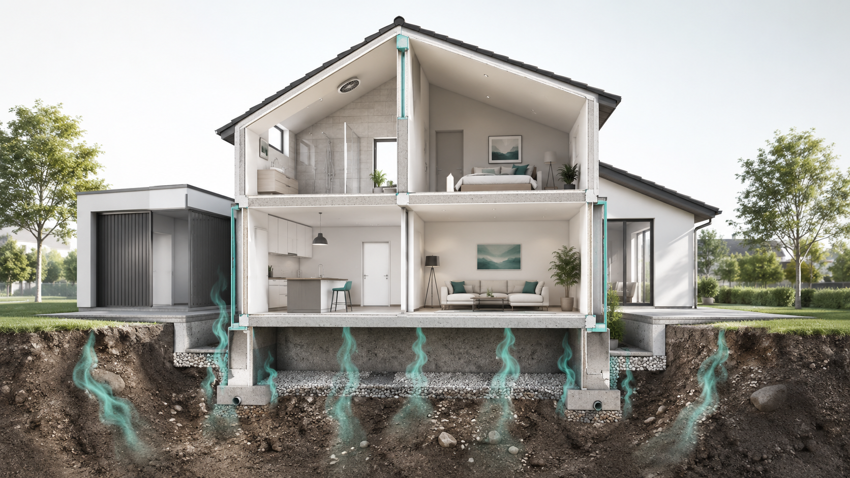 Casă modernă în secțiune, cu fluxuri de radon care urcă din sol spre zona fundației și a plăcii peste sol