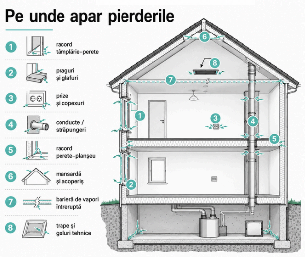 Secțiune printr-o casă cu principalele zone în care apar pierderile necontrolate de aer