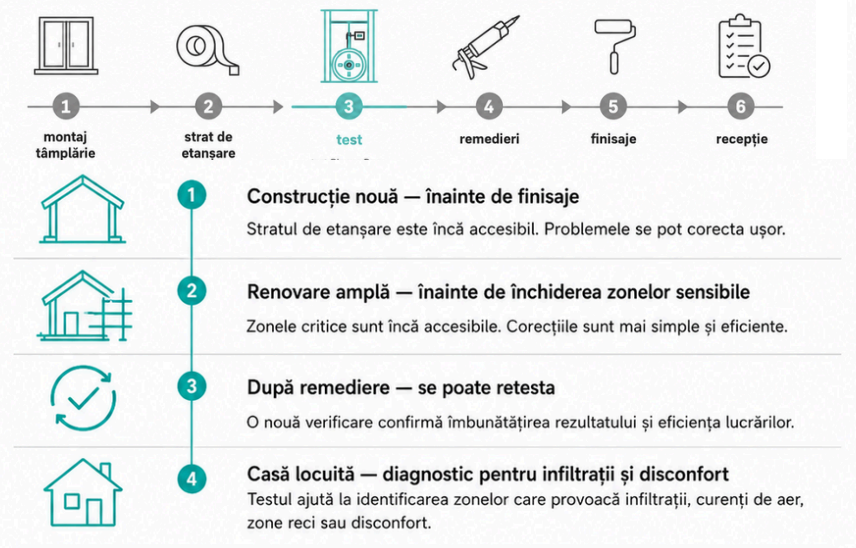Momentele recomandate pentru un test Blower Door în construcții noi, renovări, după remedieri și în case locuite