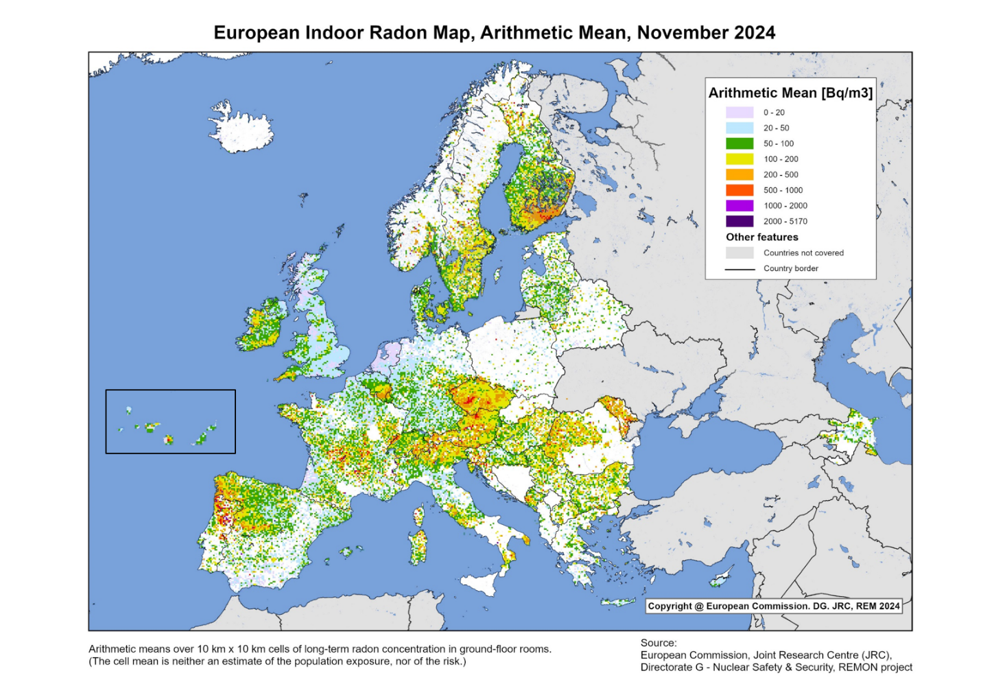 Harta europeană oficială a concentrației medii de radon în încăperile de la parter
