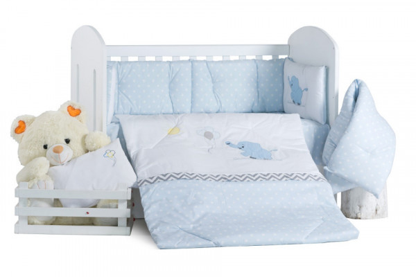 Бебешки спален комплект Бродерия Слон балон син на бели точки - Img 1