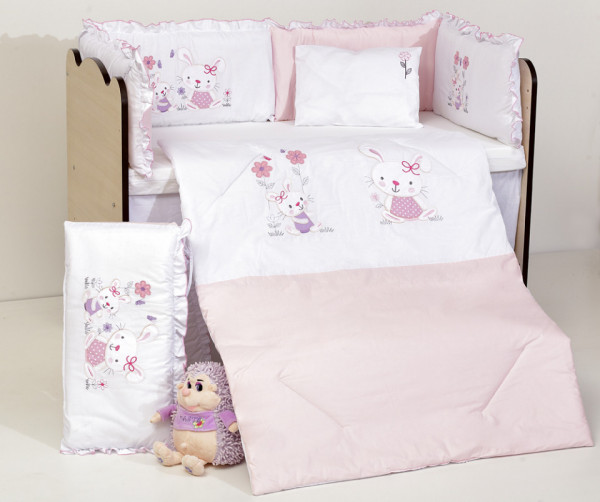 Бебешки спален комплект Бродерия Розови Зайчета