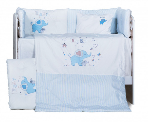 Бебешки спален комплект Бродерия Слонче бебе синьо