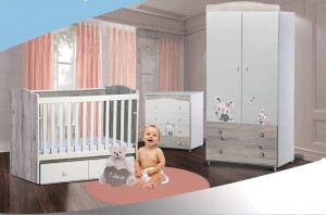 КОШАРА ТОНИ 2 РЕШЕТКИ, СКРИН И ГАРДЕРОБ ЗАЙЧЕ БЯЛ+СЕВЕРЕН ДЪБ