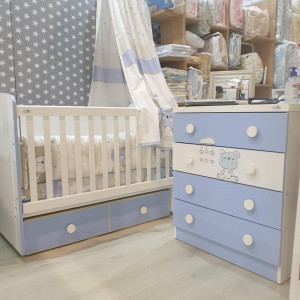 КОШАРА ТОНИ С ПОДВИЖНА РЕШЕТКА БЯЛ+СИН И СКРИН ГЕРИ С АПЛИКАЦИЯ СЪНЛИВКО БЯЛ+СИН