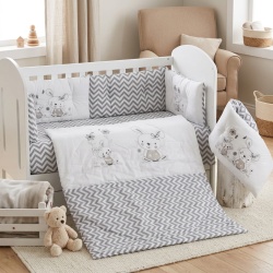 Бебешки спален комплект Бродерия Зайчета сиви ЗИГЗАГ Ластик Цип Comfort Line