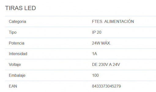 001504527 - 8433373045279Fonte de alimentação de fita LED em 24V 24W