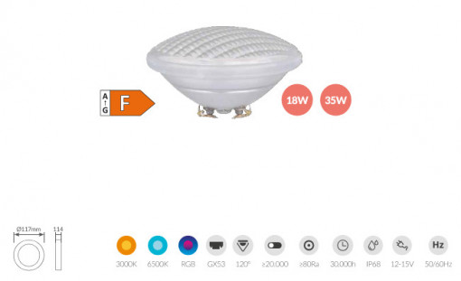 201400003 - 8433373061910Lâmpada de piscina LED PAR56 18W GX53 6500K