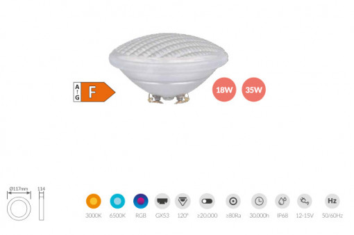 201400007 - 8433373061958Lâmpada de piscina LED PAR56 35W GX53 RGB