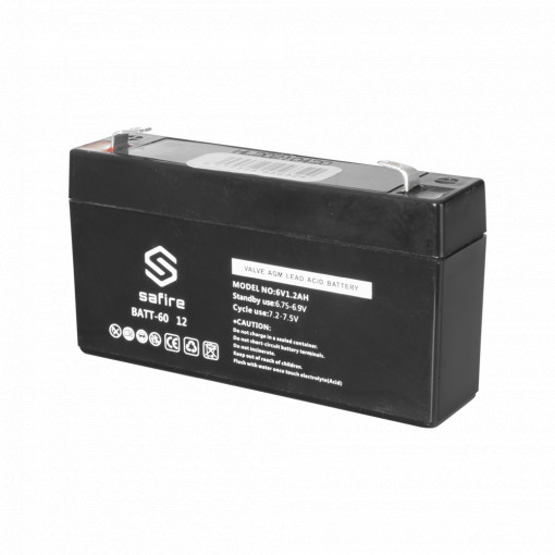 Bateria recarregável - Tecnología chumbo ácido AGM - Tensão 6 V - Capacidade 1.2 Ah - 58 x 97 x 24 mm / 290 g - Para backup ou utilização directa