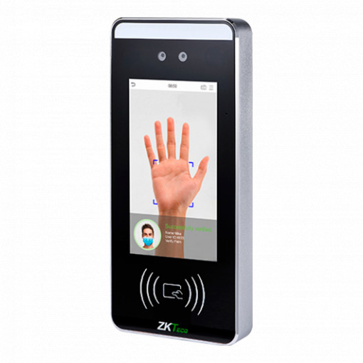 Controlo de acesso e presença - Facial, palma da mão, cartão EM/MF e PIN - 6.000 caras | 200.000 registos - 5" Interface de ecrã tátil TFT, TCP/IP, WiFi, RS485 e Wiegand - Suave. Acessos: ZKBioAccess | ZKBioCV - Suave. Assiduidade: ZKBioTime8 | GoTimeClou