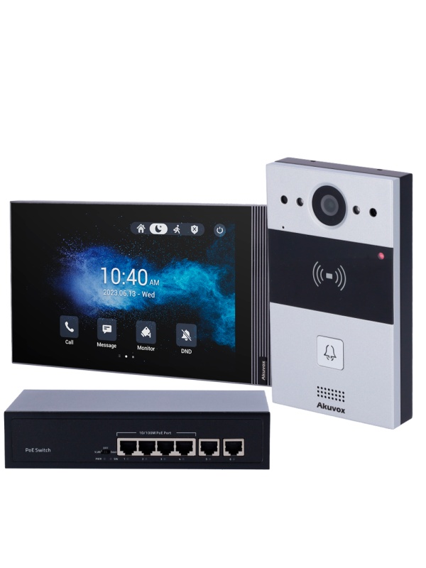 Kit de videoporteiro Android - IP | Placa e monitor - Áudio bidireccional Crystal Clear - Leitor EM/MF e NFC | PoE standard - 2 Saídas de relé | Resistente a vandalismo - Conexão através da cloud