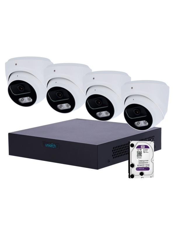 Kit de Videovigilância Uniarch - NVR 8 Canais IP | 1 TB HDD - 4 Câmaras Turret IP67 - Plug &amp; Play | UMD | PoE - Deteção de pessoas e veículos - Interfaz WEB, CMS, Smartphone e NVR