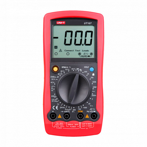 Multímetro digital especial para automóveis - Medição de tensão em DC e AC até 1000V - Medição de intensidade em DC até 10A - Alta precisão em AC com função True RMS - Medição da resistência, frequência, temperatura - Buzzer para teste de continuidade | T