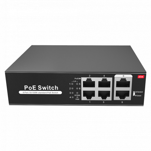 Switch PoE - 4 portas PoE + 2 Uplink RJ45 - Velocidade até 100 Mbps em todas as portas - Até 60W no total para todas as portas - Largura de banda 1.2 Gbps - Padrão IEEE802.3af (PoE) / at (PoE+)