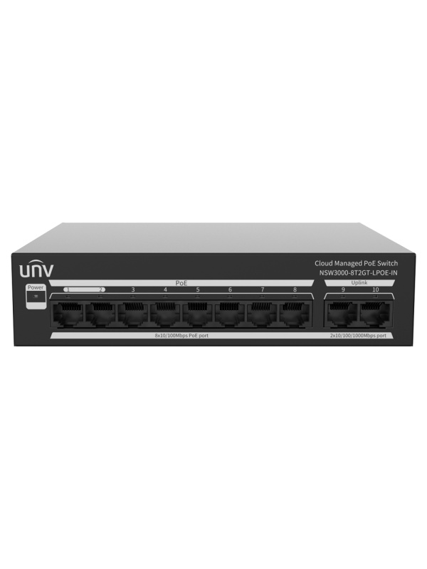 Uniview Switch PoE Cloud Administrável - 8 PoE802.3af/at + 2 uplink RJ45 - 8 RJ45 10/100 Mbps + 2 RJ45 10/100/1000 Mbps - 30W por porta 802.3af/at / Máximo 65W - VLAN/Isolamento de portas/Detecção de loop - Limite de velocidade da porta