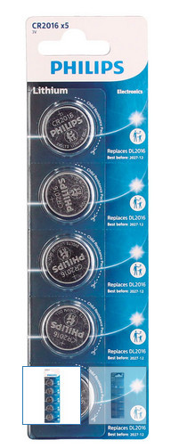 106000018 - 4895229125049Blister 5 baterias de botão de lítio Philips CR2016