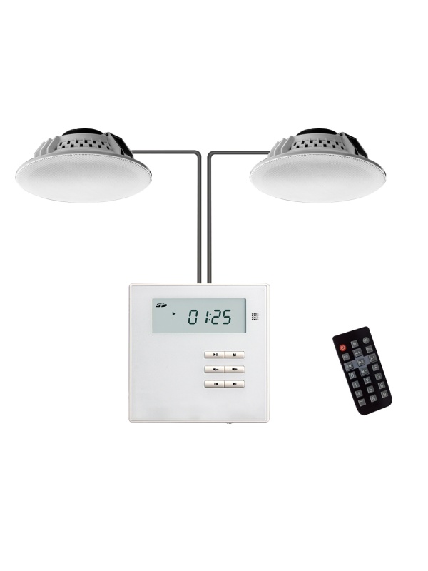 2 x Altifalantes de teto 2x10W - Amplificador de parede - Reprodução via BT, FM, SD, USB, AUX - Mando a distancia