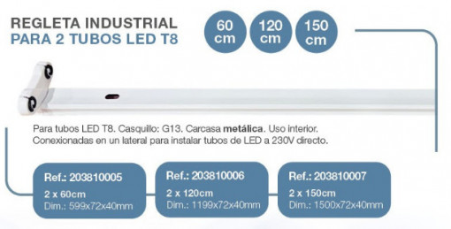 203810007 - 8433373067028Faixa industrial para 2 tubos LED T8 150cm