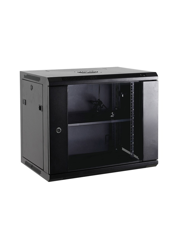 Armário rack para parede - Até 6U rack de 19" - Até 60 Kg de carga - Com ventilação e guarnições para cabos - Inclui ventoinha, tabuleiro e extensão 6 tomadas incluidas - É vendido desmontado
