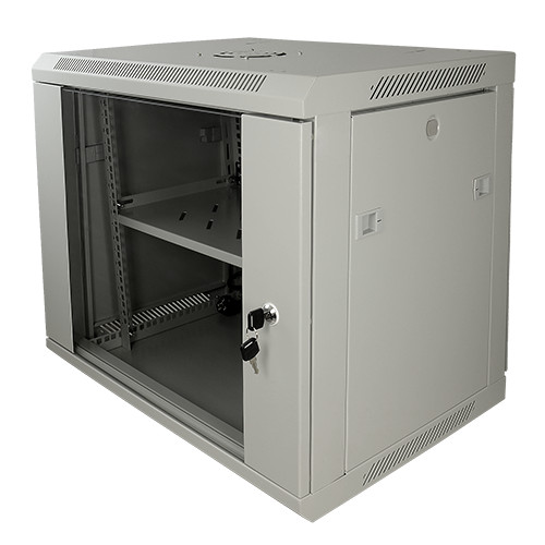 Armário rack para parede - Até 9U rack de 19" - Até 100 Kg de carga - Com ventilação e guarnições para cabos - Inclui ventoinha, tabuleiro e extensão 6 tomadas incluidas - Fornecido desmontado