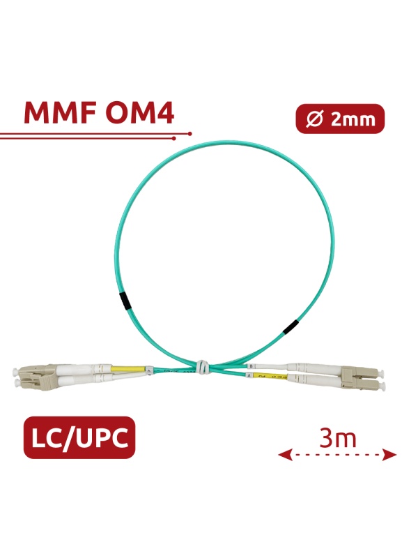 Cabo de ligação de fibra ótica - Fibra multimodo OM4 - Conector LC duplex UPC - Comprimento 3m - Coberta LSZH - Compatibilidade genérica