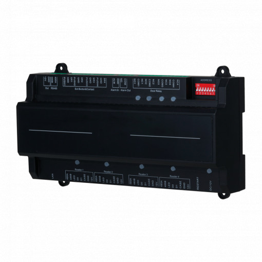 Controladora de acesso biométrico - Acesso por impressão digital, cartão ou senha - Comunicação TCP/IP | PoE - 4 leitores por Wiegand | 4 leitores por OSDP - Saída de relé para 4 portas - Software SmartPSS