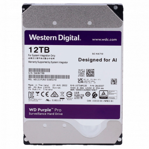 Disco rígido Western Digital - Capacidade 12 TB - Intérfase SATA 6 GB/s - Modelo WD121PURZ-64B5UY0 - Especial para Videogravadores - Solto ou instalado em DVR