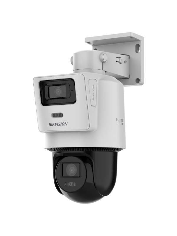Hikvision Câmara tandem IP gama VALUE - Lente dupla (panorâmica 4Mpx + PT 4Mpx)) - Lente PT 8 mm | Lente pan. 2.8 mm - Luz híbrida 30 m | Microfone integrado - Detecção de movimento 2.0 - Micro SD IP66 PoE+
